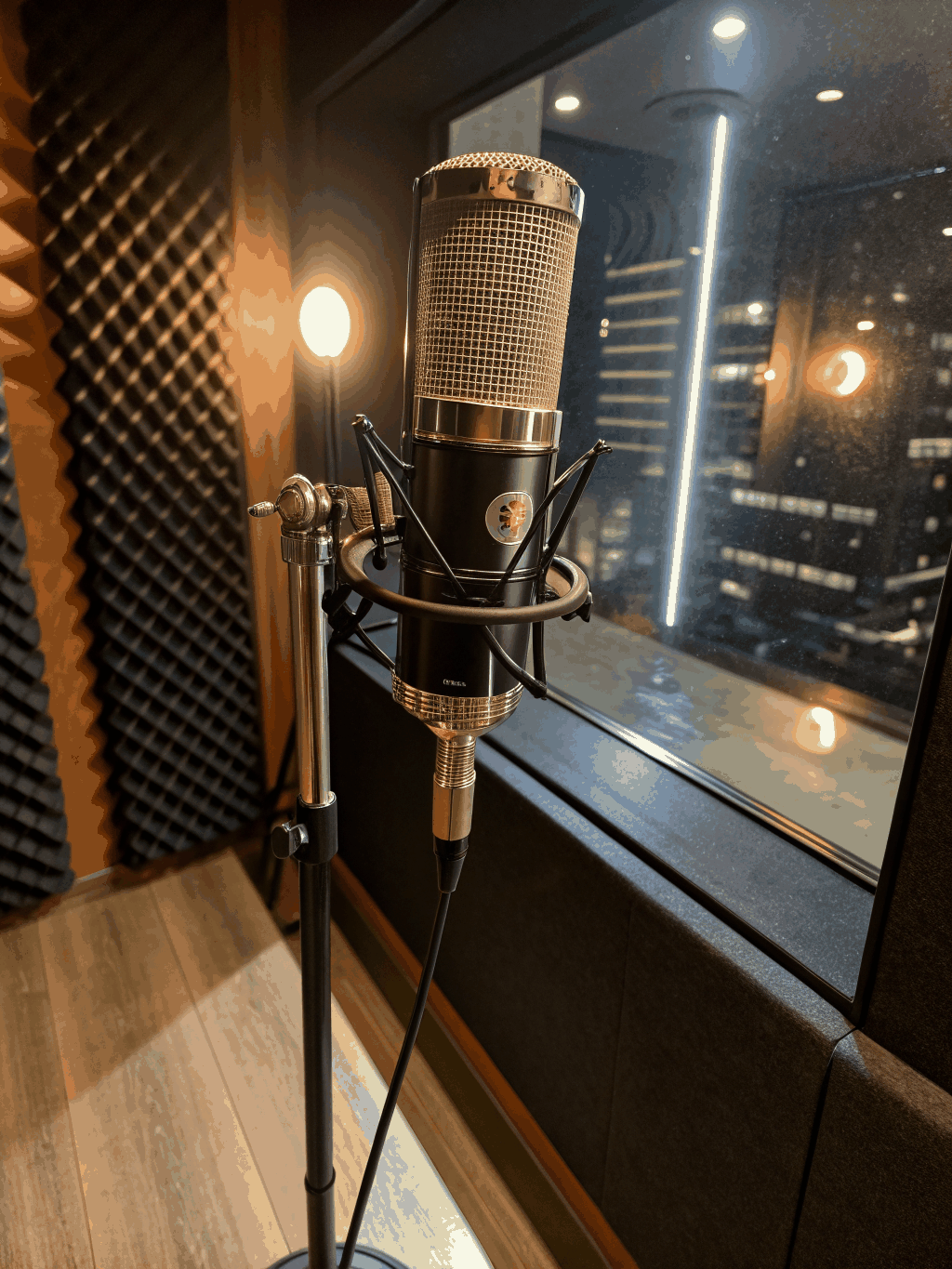 High-end studio microphone in a dark recording booth